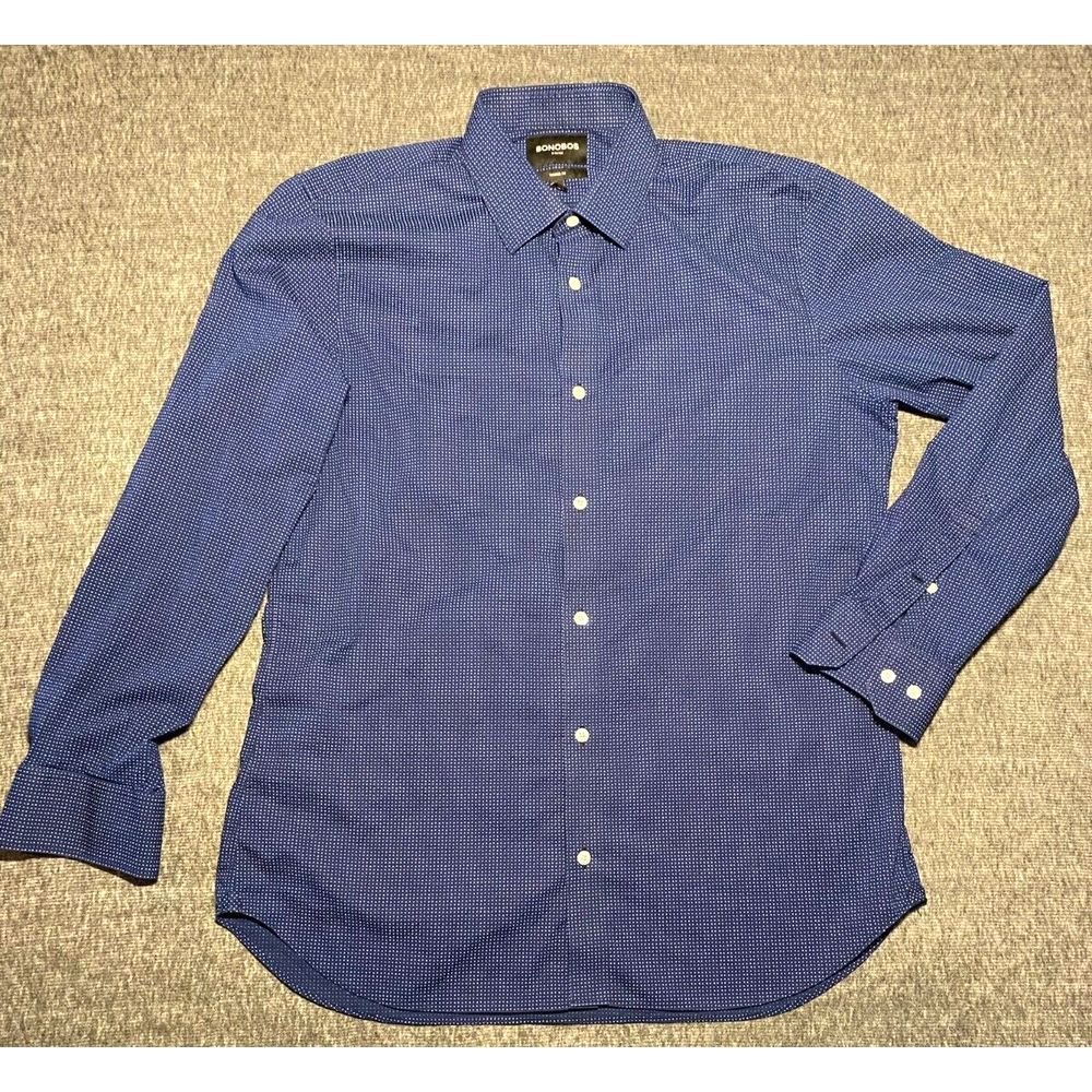 Bonobos Tech Button Down Shirt Large Long blue Bay Dot Slim Fit Nylon Spandex
